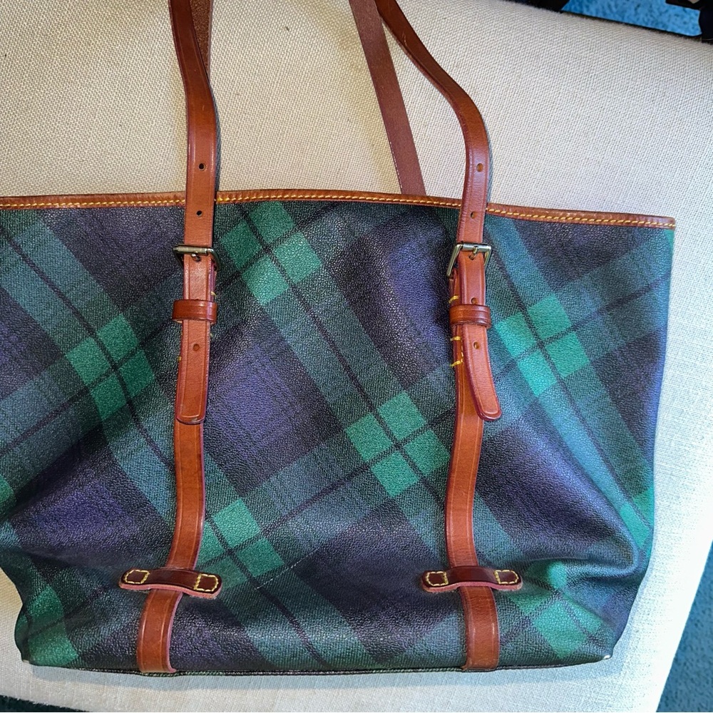 Plaid Tote Bag with Brown Leather Straps - Picture 3 of 9